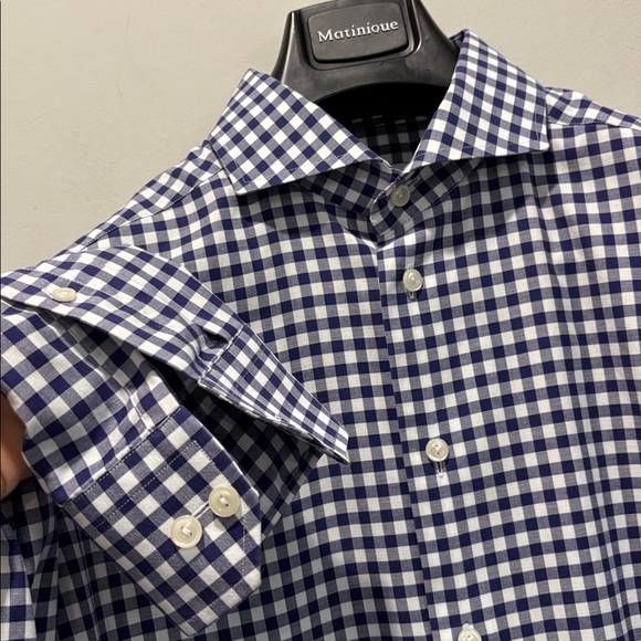Eton Navy White Gingham Dress Shirt 16.5 Slim Fit Cotton Luxury Check - Picture 6 of 14